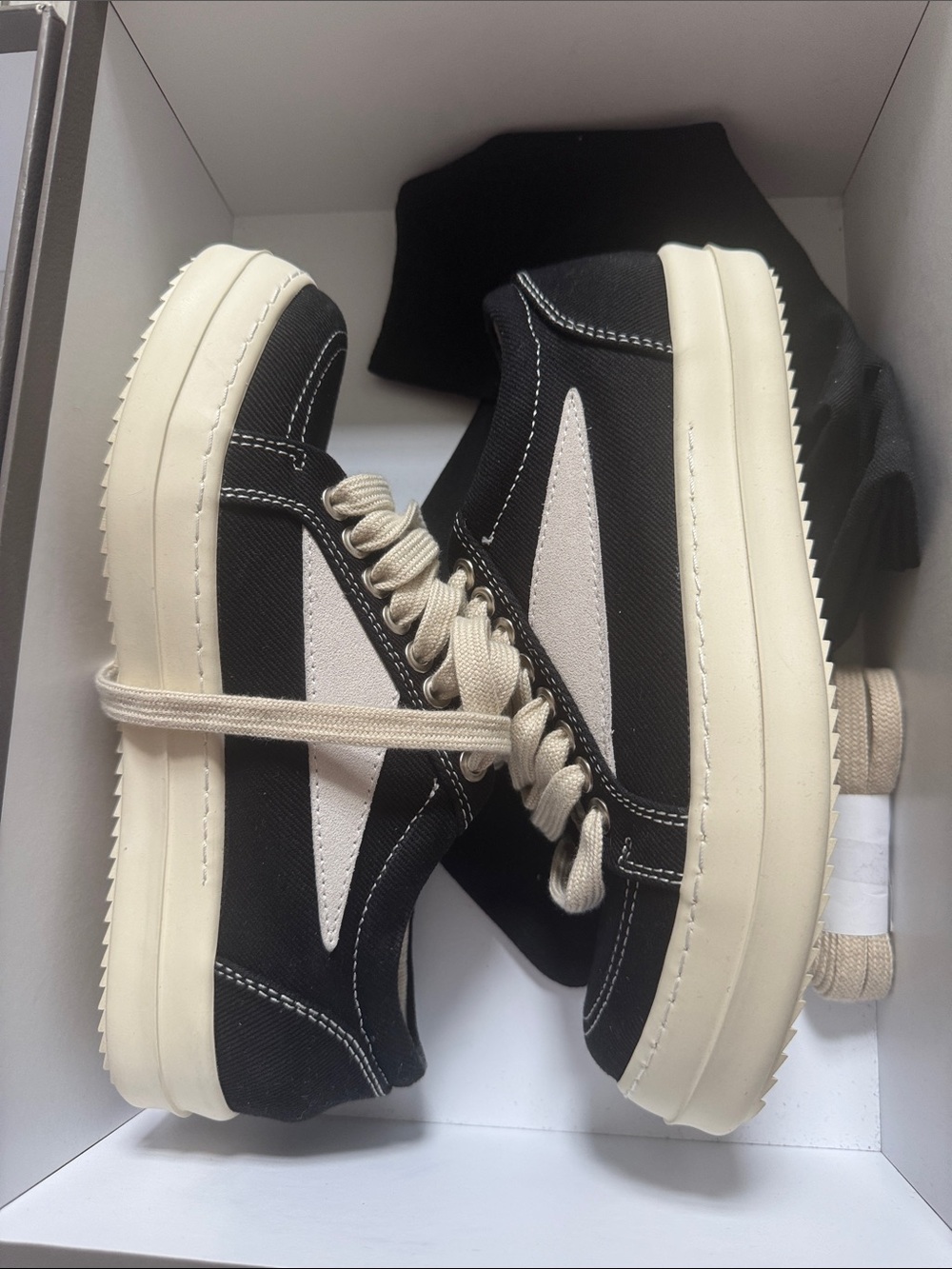 Rick Owens Black Canvas Low-Top Sneakers with Beige Laces
